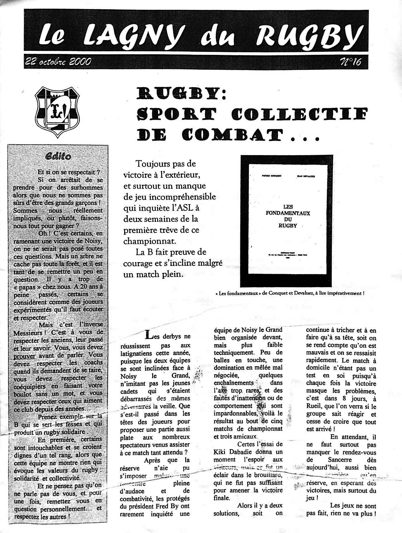 LE LAGNY DU RUGBY N°16 – 22 octobre 2000