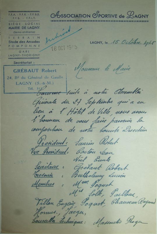 15 oct. 1945 - Composition du comité directeur