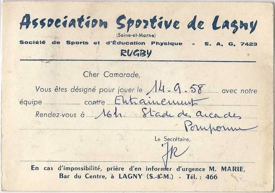 1958 - Convocation à l'entrainement