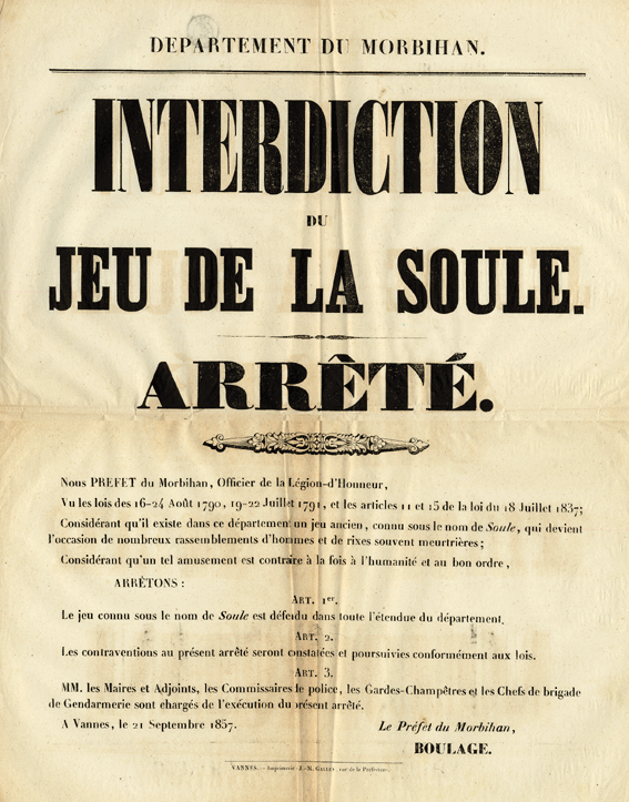Arrêté d'interdiction de la Soule - Morbihan - 1857 Arrêté d'interdiction de la Soule - Morbihan - 1857