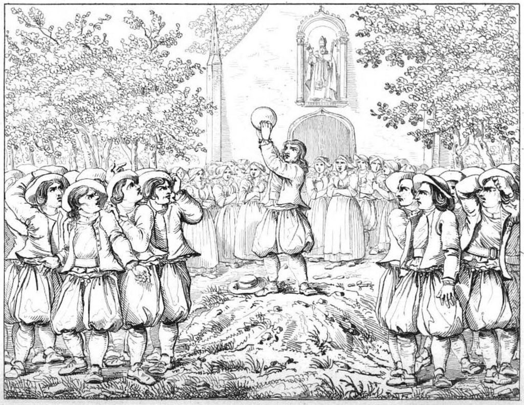 Début d'une partie de soule en Bretagne au XVIIIe siècle
Gravure tirée d'Alexandre Bouët et Olivier Perrin,
{«Breiz-Izel ou Vie des Bretons de l'Armorique»},
Paris, 1844, t.III, p.17