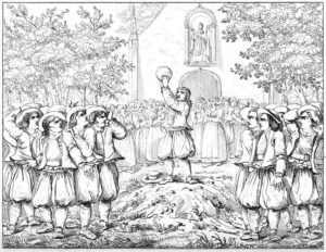 Début d'une partie de soule en Bretagne au XVIIIe siècle
Gravure tirée d'Alexandre Bouët et Olivier Perrin,
{«Breiz-Izel ou Vie des Bretons de l'Armorique»},
Paris, 1844, t.III, p.17