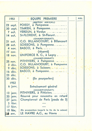 Le calendrier de l'A.S.L. 1951-52 (verso)