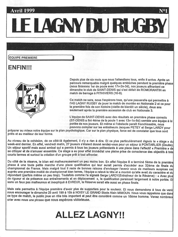 LE LAGNY DU RUGBY N°1 – avril 1999