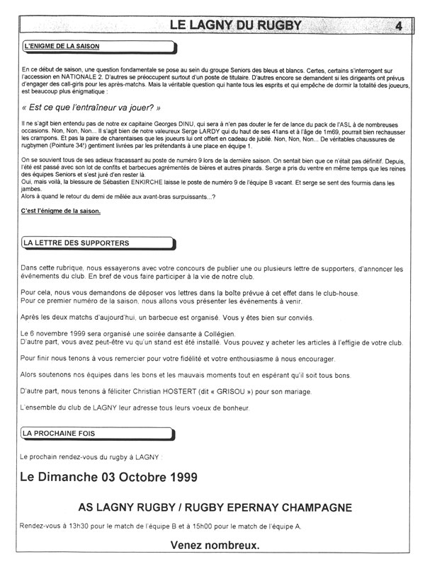 Le Lagny du rugby - n°1 - 19 sept. 1999 Le Lagny du rugby - n°1 - 19 sept. 1999
