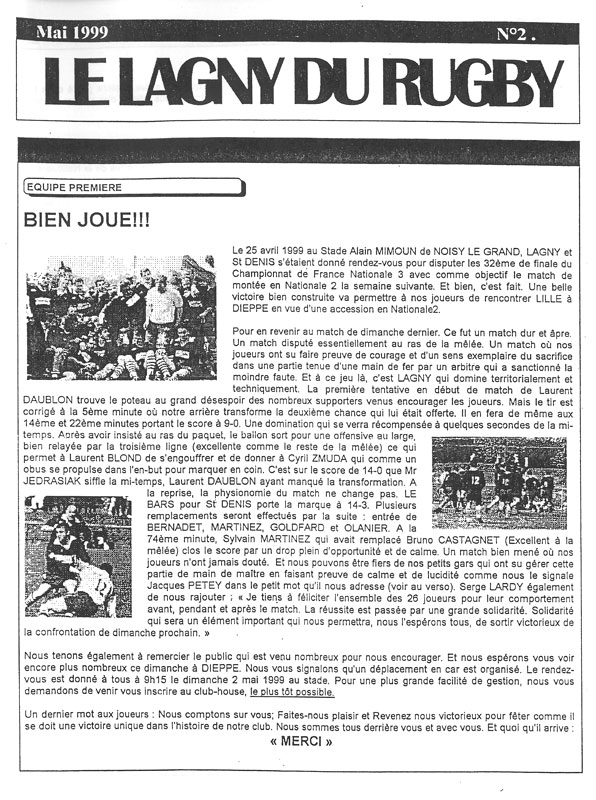 LE LAGNY DU RUGBY N°2 – mai 1999