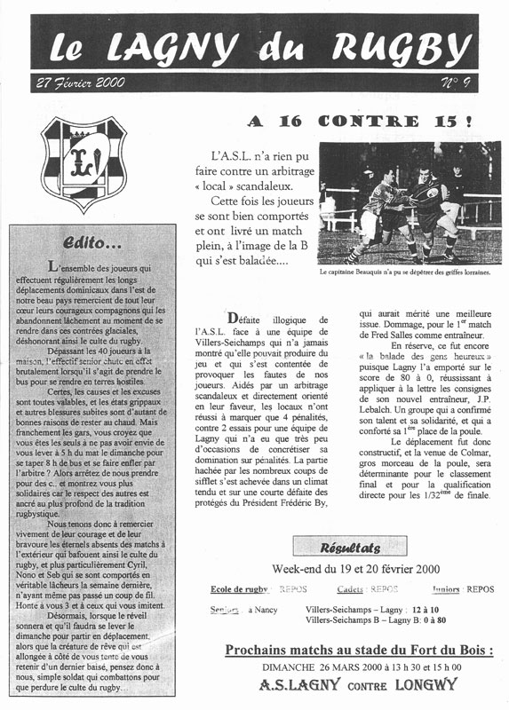 LE LAGNY DU RUGBY N°9 – 27 février 2000