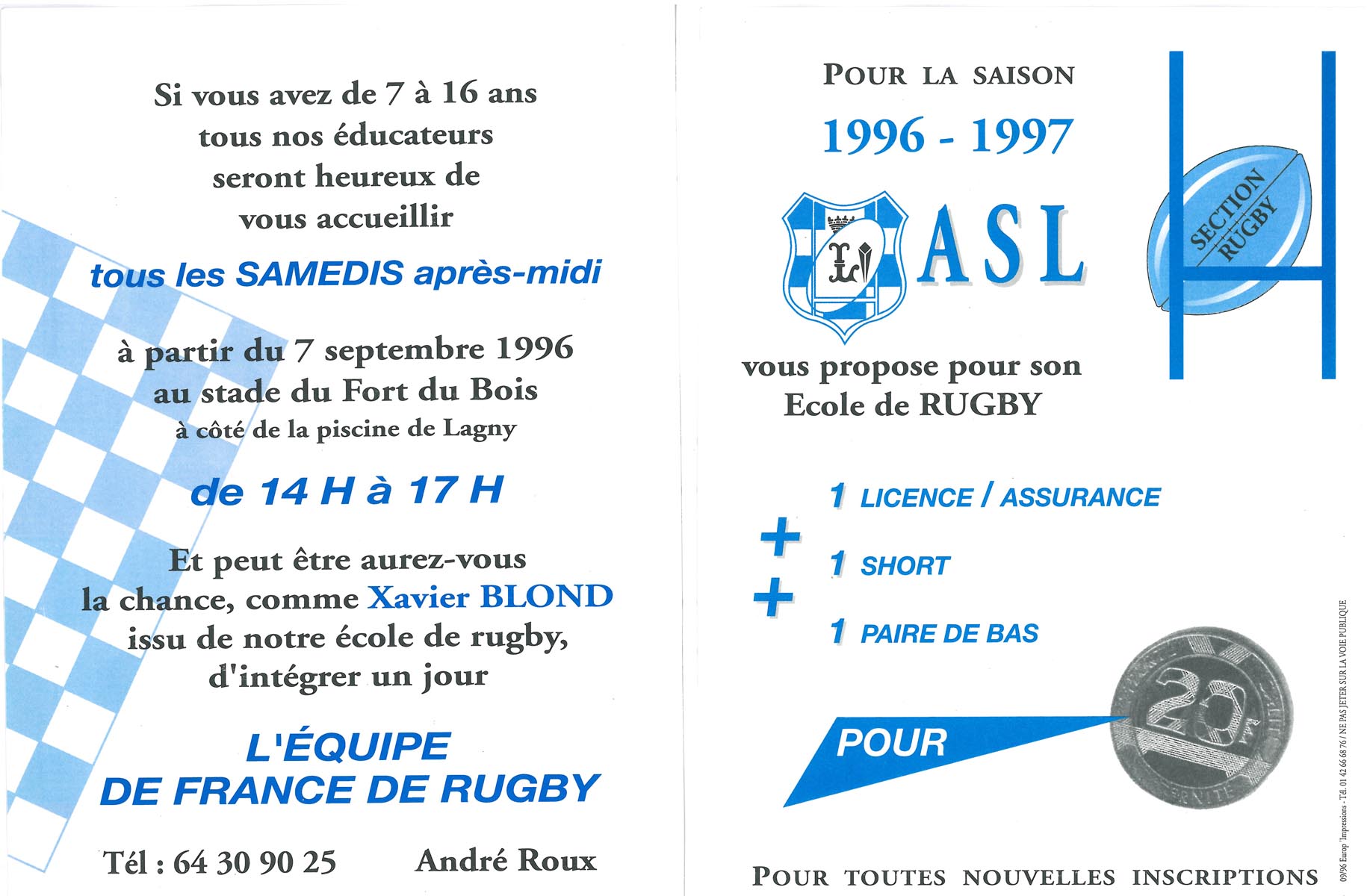 Le flyer d’inscription de l’école et le calendrier de l’ASL 1996