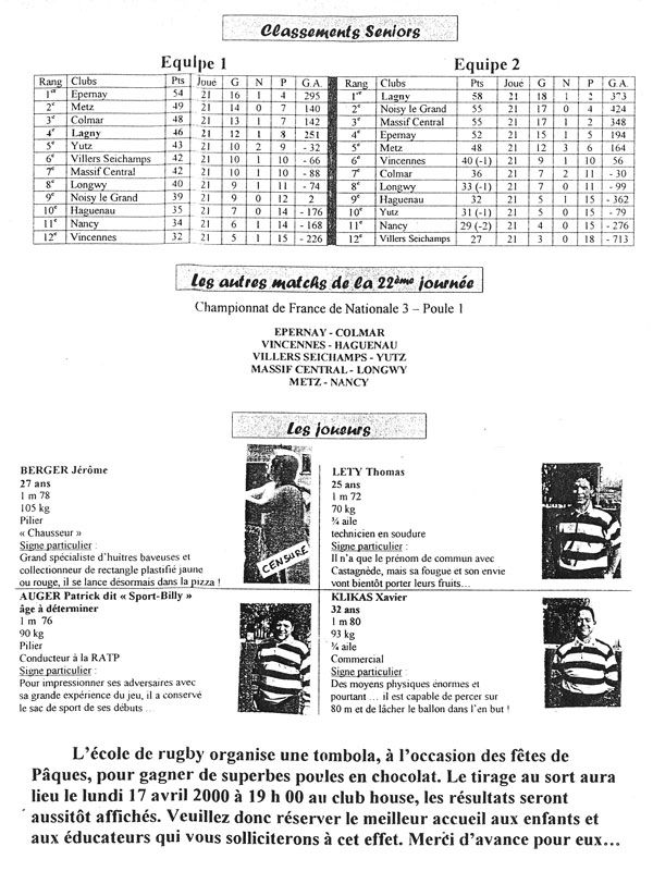 Le Lagny du rugby - n°11 - 16 avril 2000 Le Lagny du rugby - n°11 - 16 avril 2000