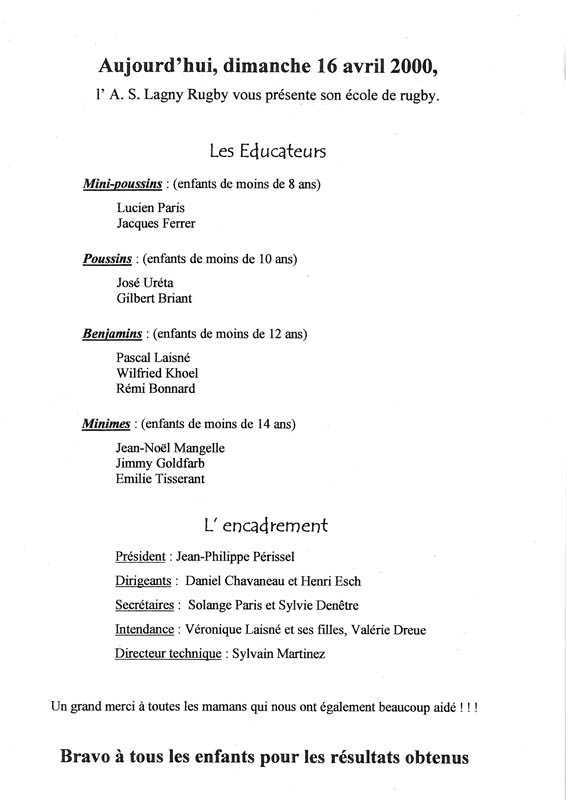 Le Lagny du rugby - n°11 - 16 avril 2000 Le Lagny du rugby - n°11 - 16 avril 2000