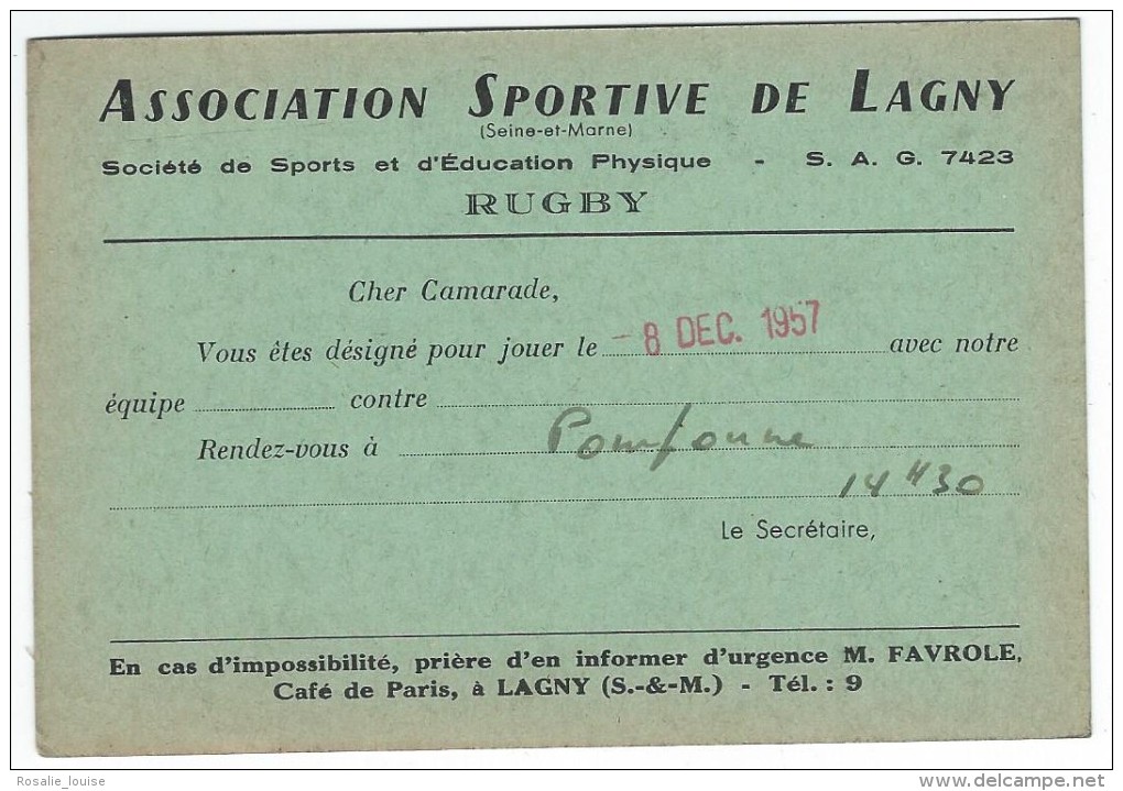 Convocation au match du 8-12-1957