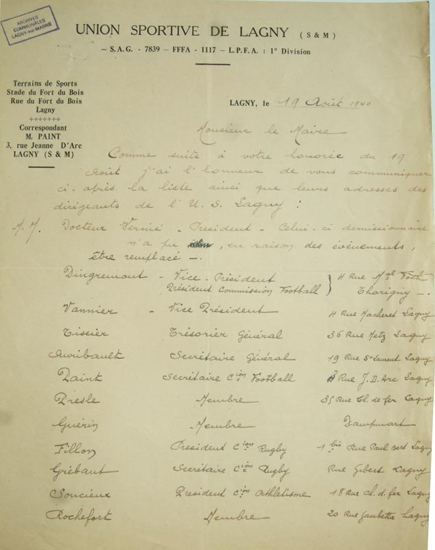19 août 1940 - Liste des dirigeants
