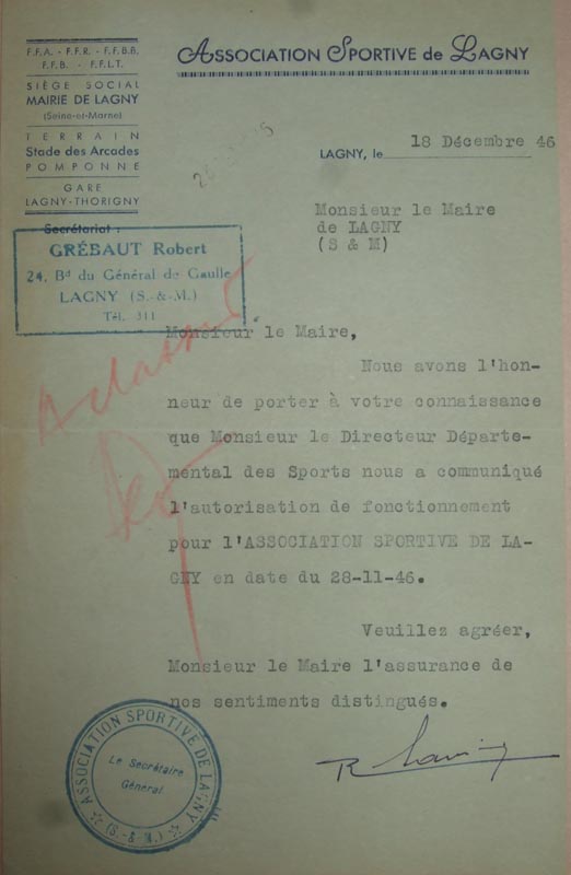 18 déc. 1946 - Autorisation de fonctionnement de l'ASL
