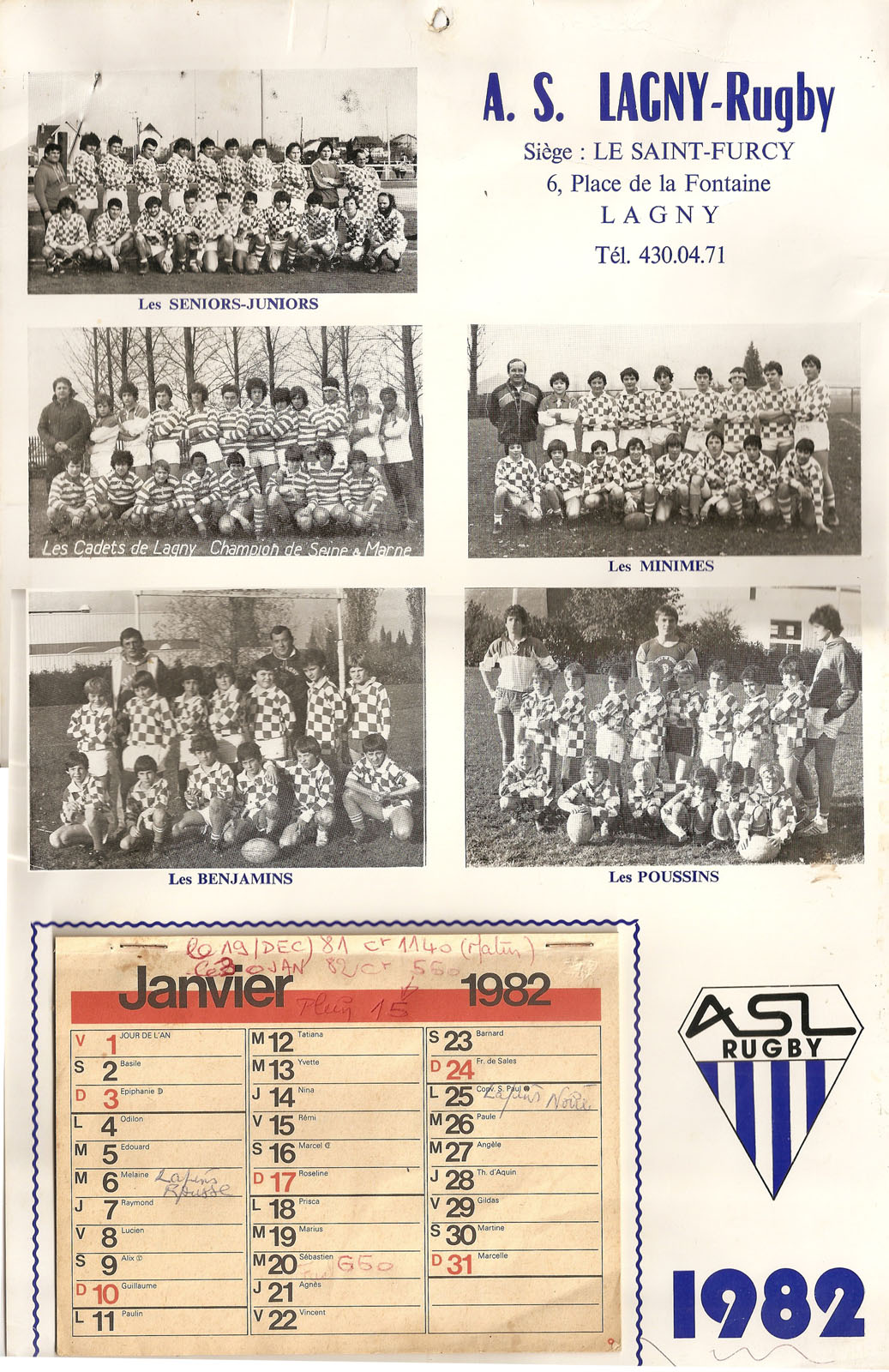 Le calendrier de l’ASL 1982