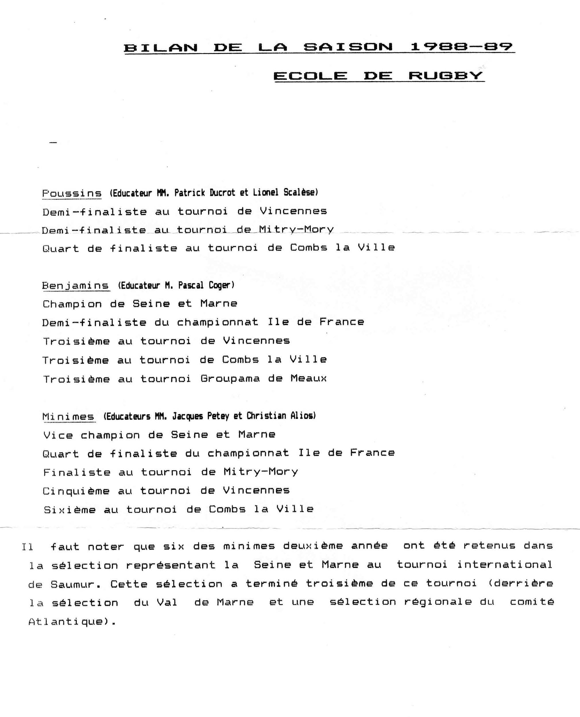 1988-89 - Bilan saison école de rugby