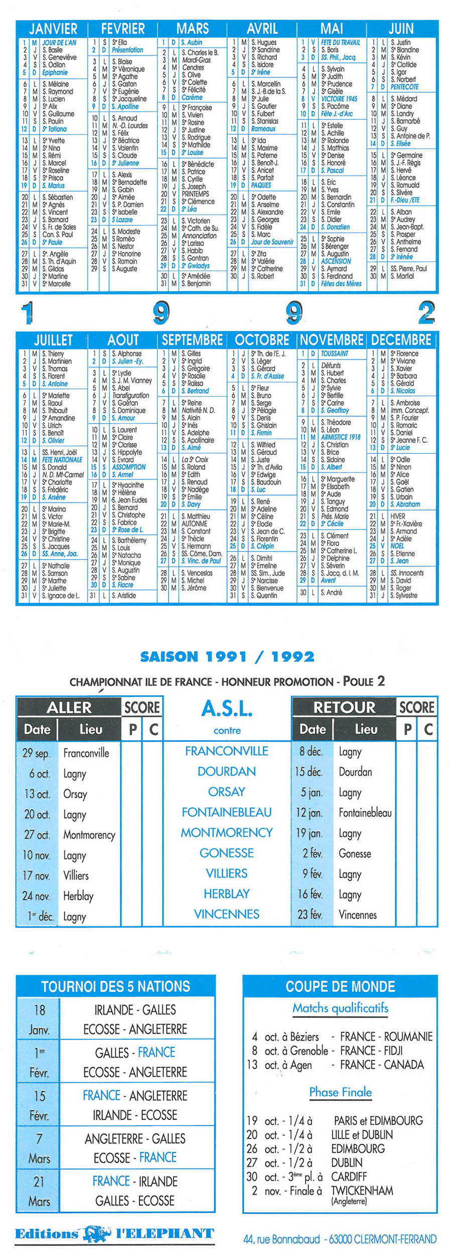 1991-92 - Calendrier - verso 1991-92 - Calendrier - verso