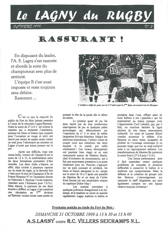 LE LAGNY DU RUGBY N°3 – 17 octobre 1999