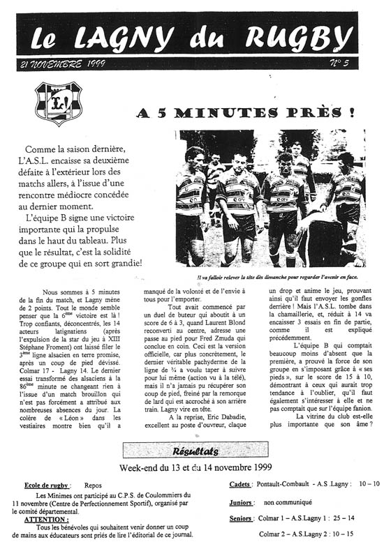 LE LAGNY DU RUGBY N°5 – 21 novembre 1999