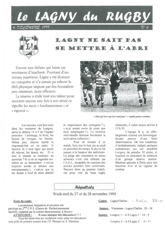 LE LAGNY DU RUGBY N°6 – 4 décembre 1999