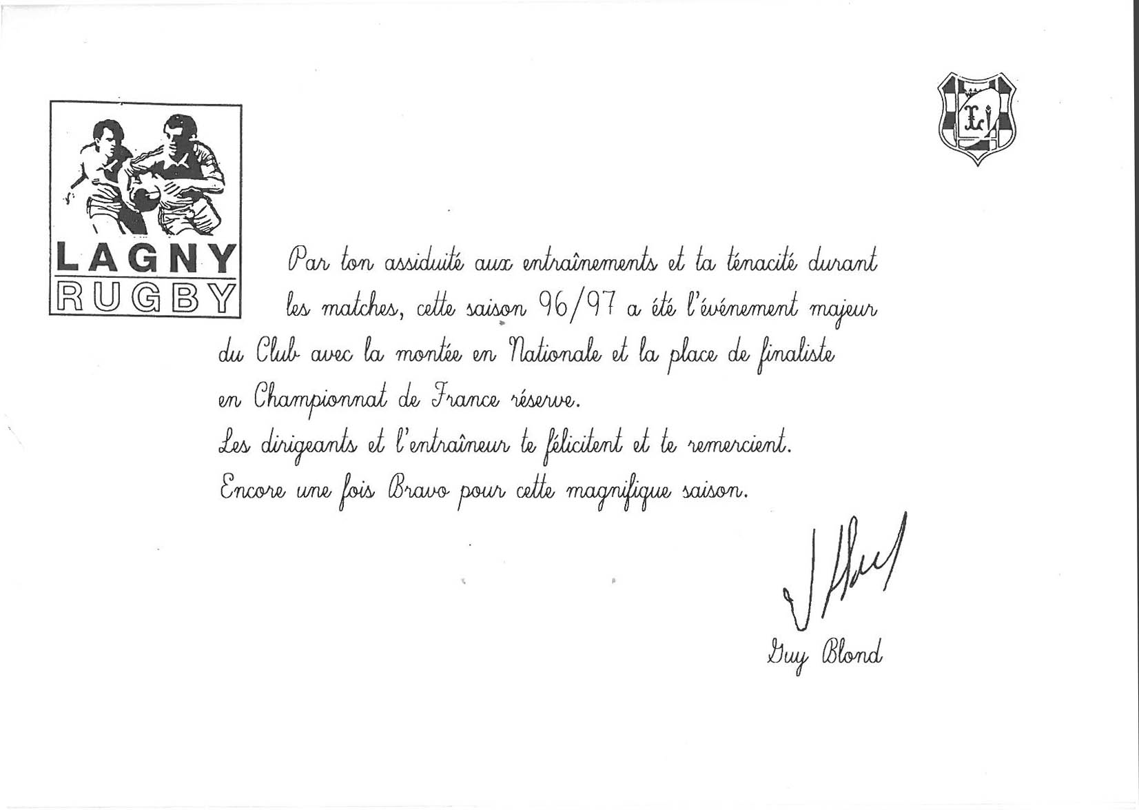Carte de félicitation de fin de saison 1996-97