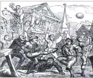 Mob football
Gravure présentant le "mob football" ou "football de masse", un sous-genre du football médiéval.