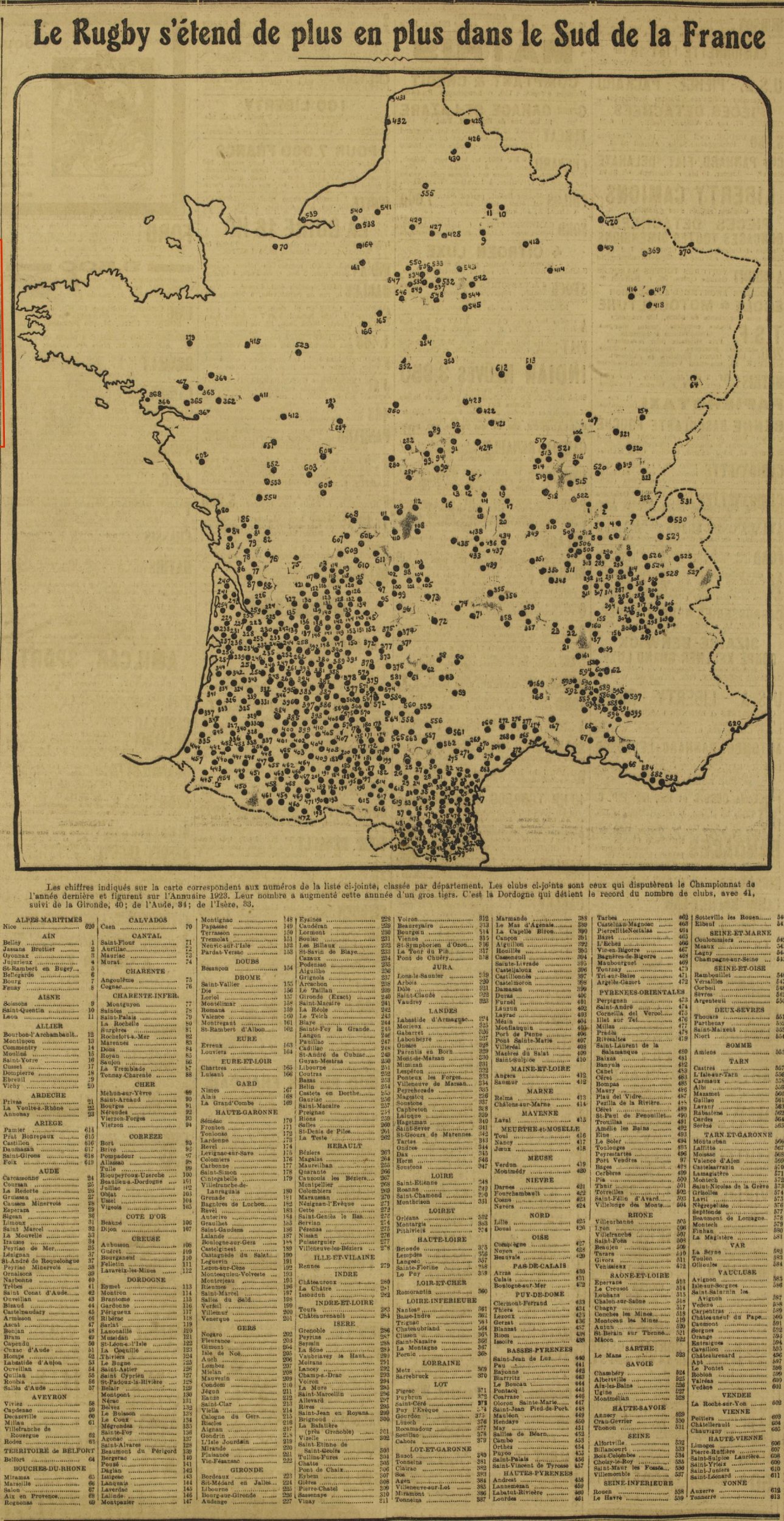 Répartition des club en 1923