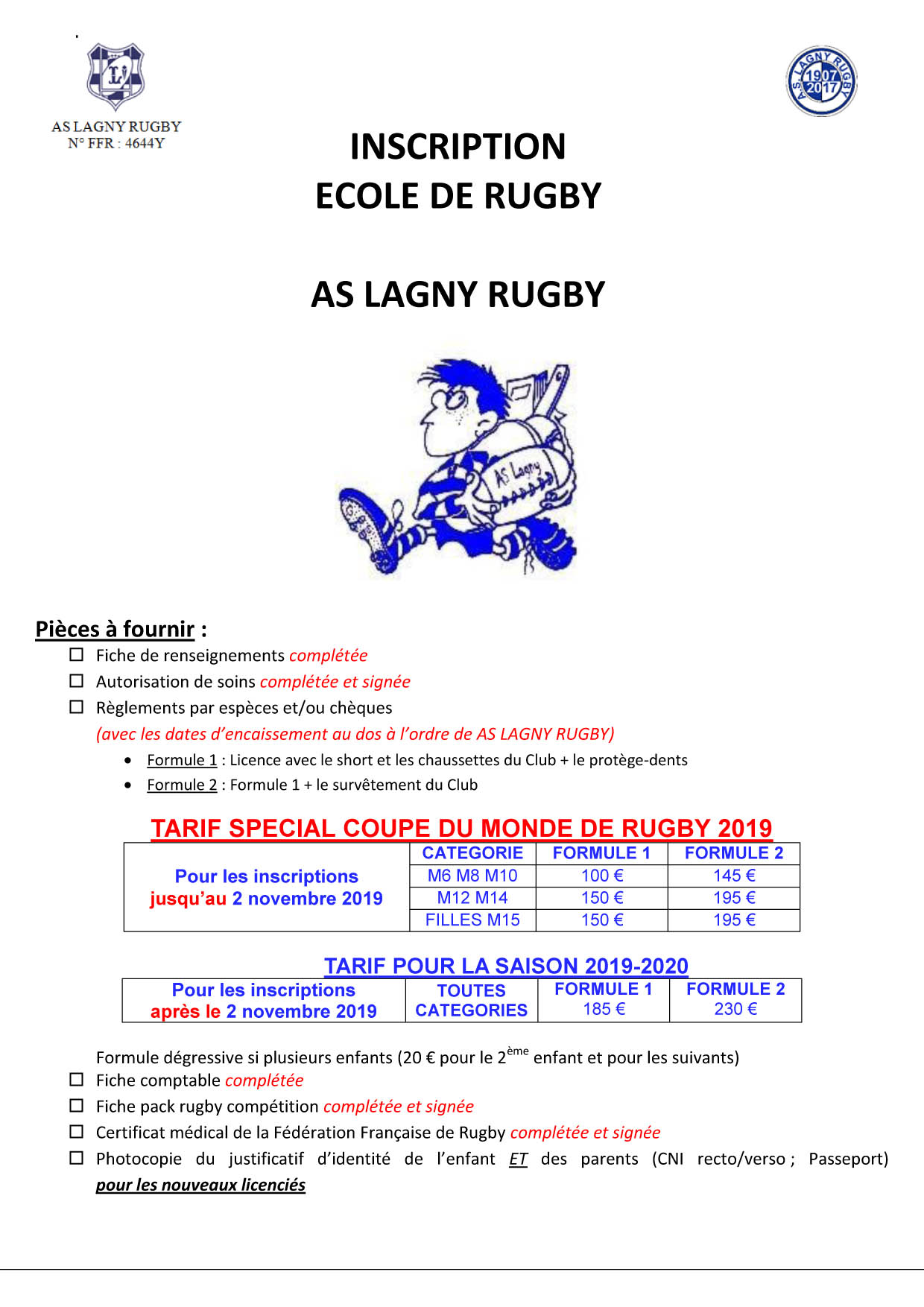 Inscription Ecole de Rugby 2019