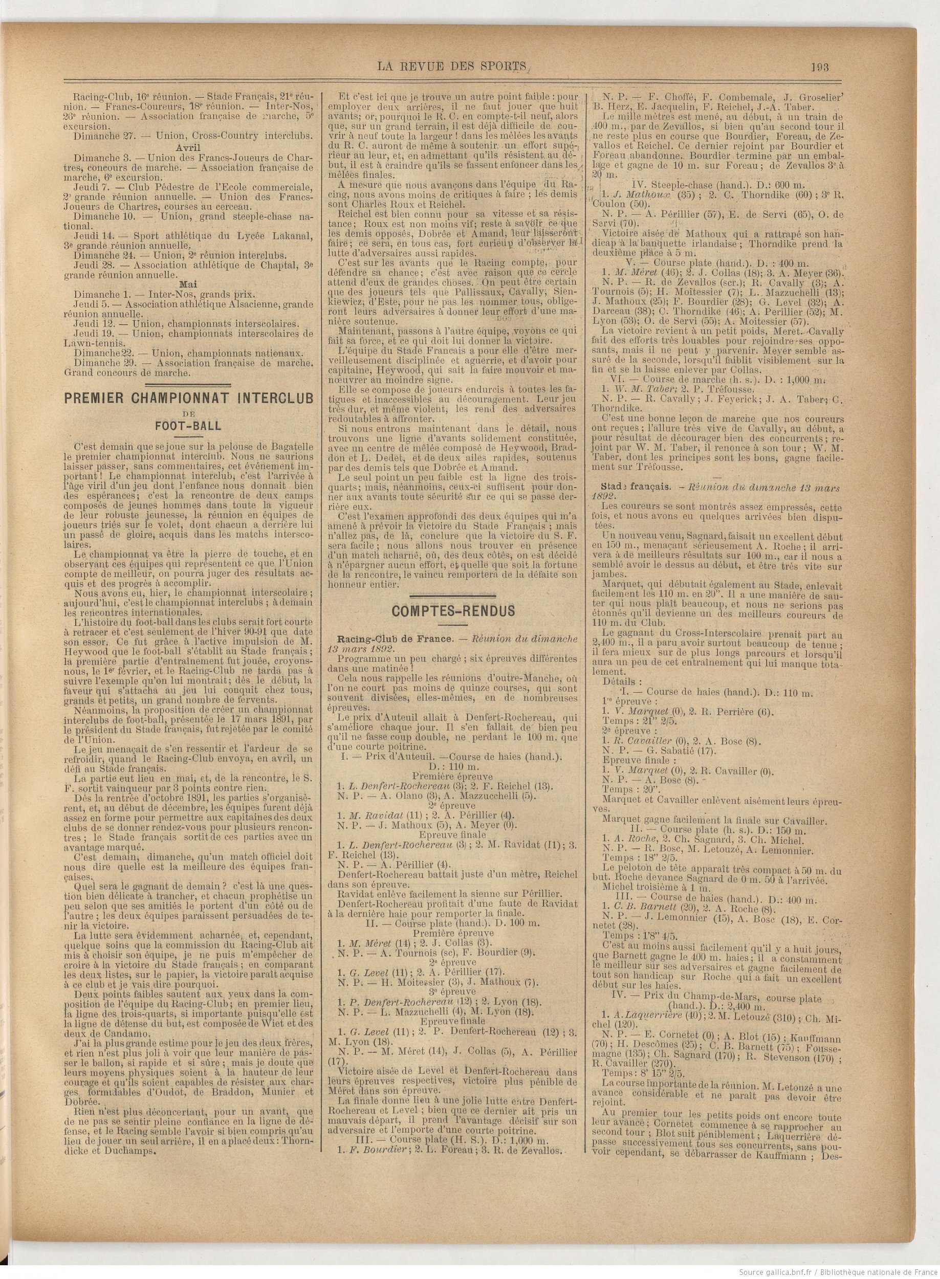 1892 – La première finale