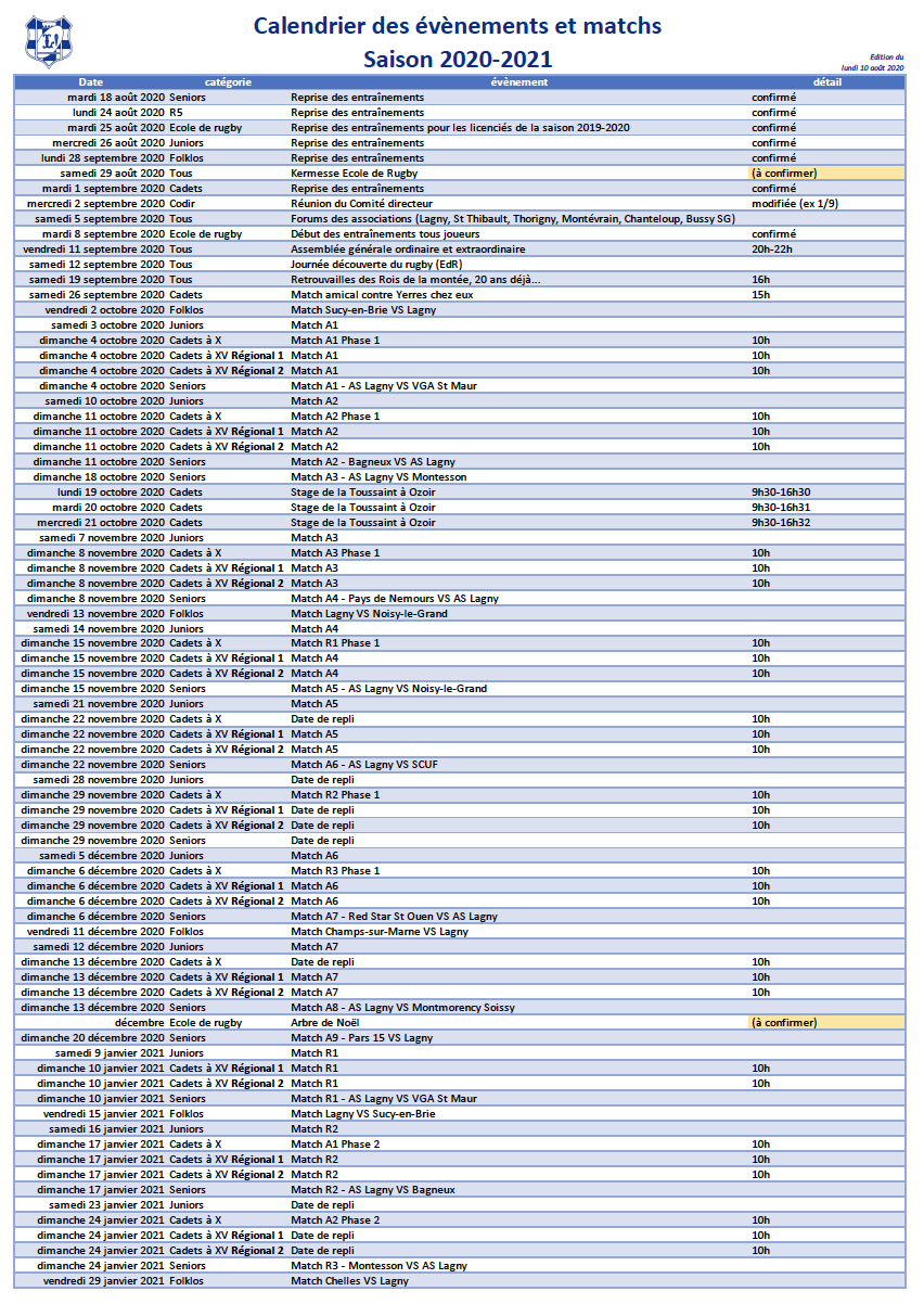 Calendrier des activités du club pour la saison 2020-2021