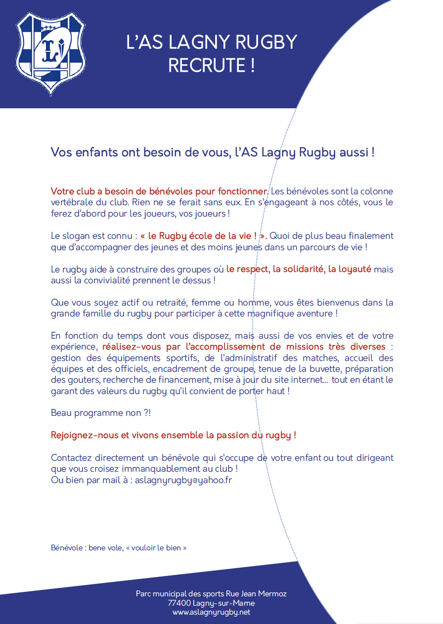 Être bénévole à l’AS Lagny Rugby, un engagement passionnant et nécessaire